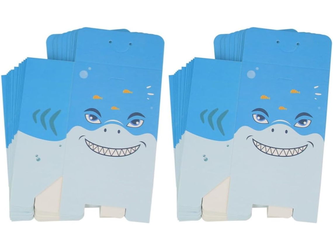 Juego de 25 cajitas de papel azul con forma de tiburón para dulces.