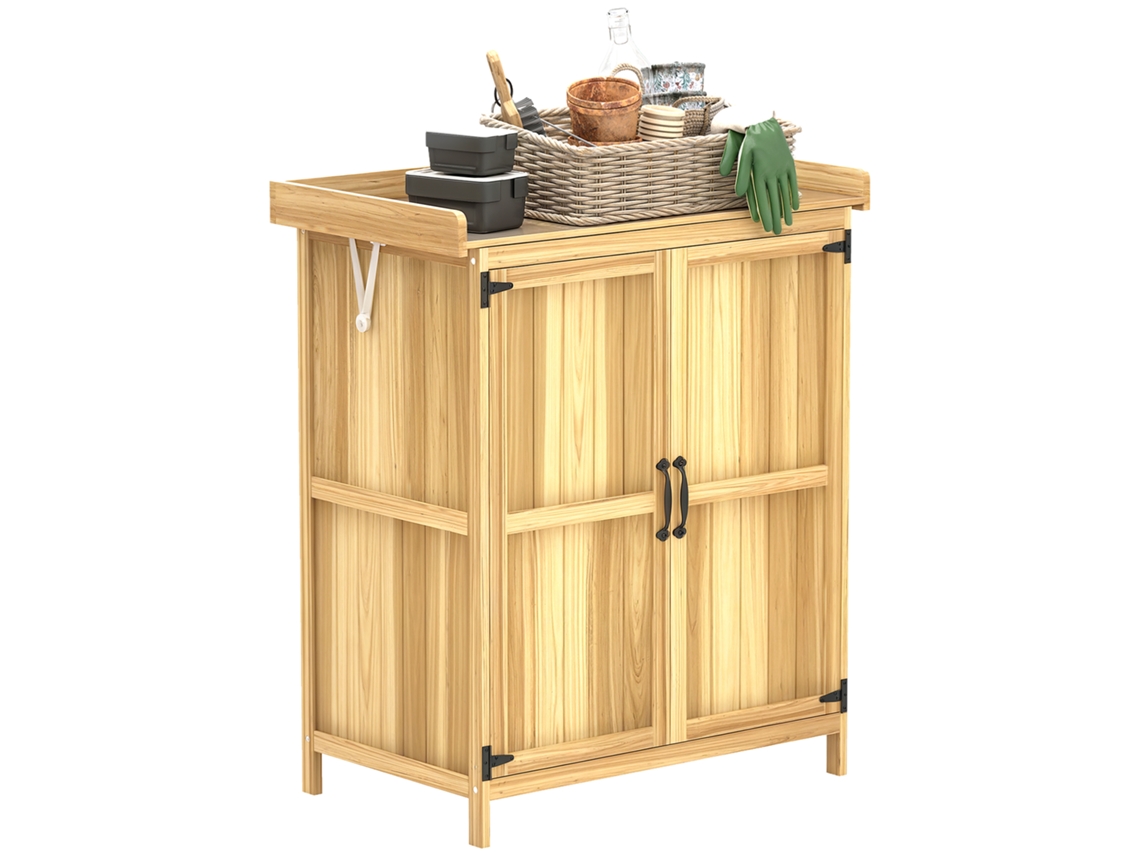 Armario de madera para exteriores con tapa abatible, estante y 2 puertas para guardar herramientas, 74x43x88 cm, Madera