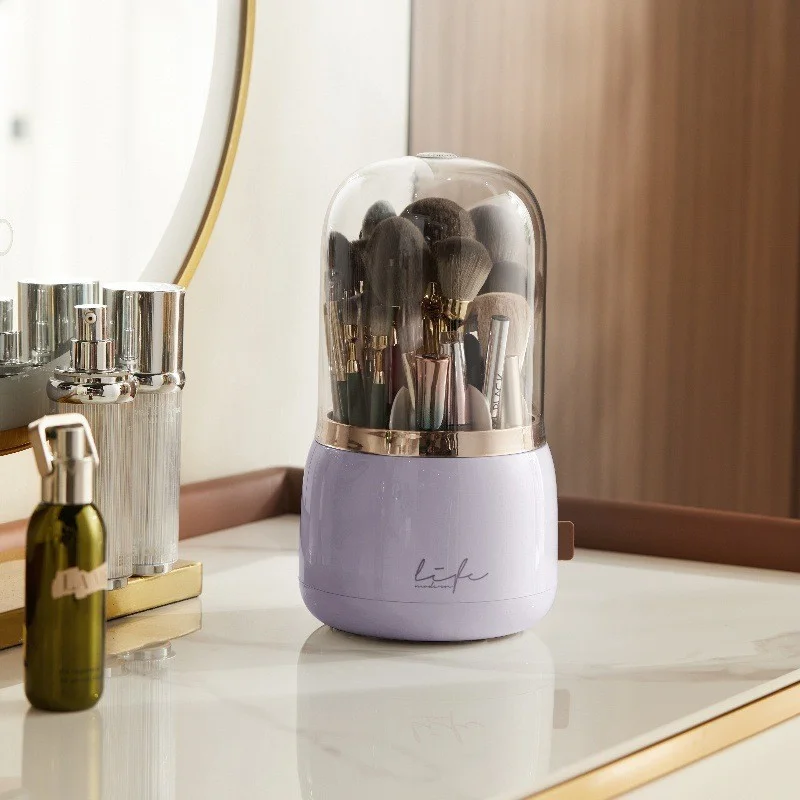 (morado) Portabrochas De Maquillaje Giratorio 360° A Prueba De Polvo Con Cubierta Acrílica Transparente