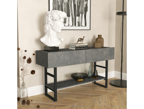 Mesa consola Lappeenranta con estante y 2 puertas Metal/Aglomerado 139x43x76 cm Efecto hormigón e Negro [EN.CASA]