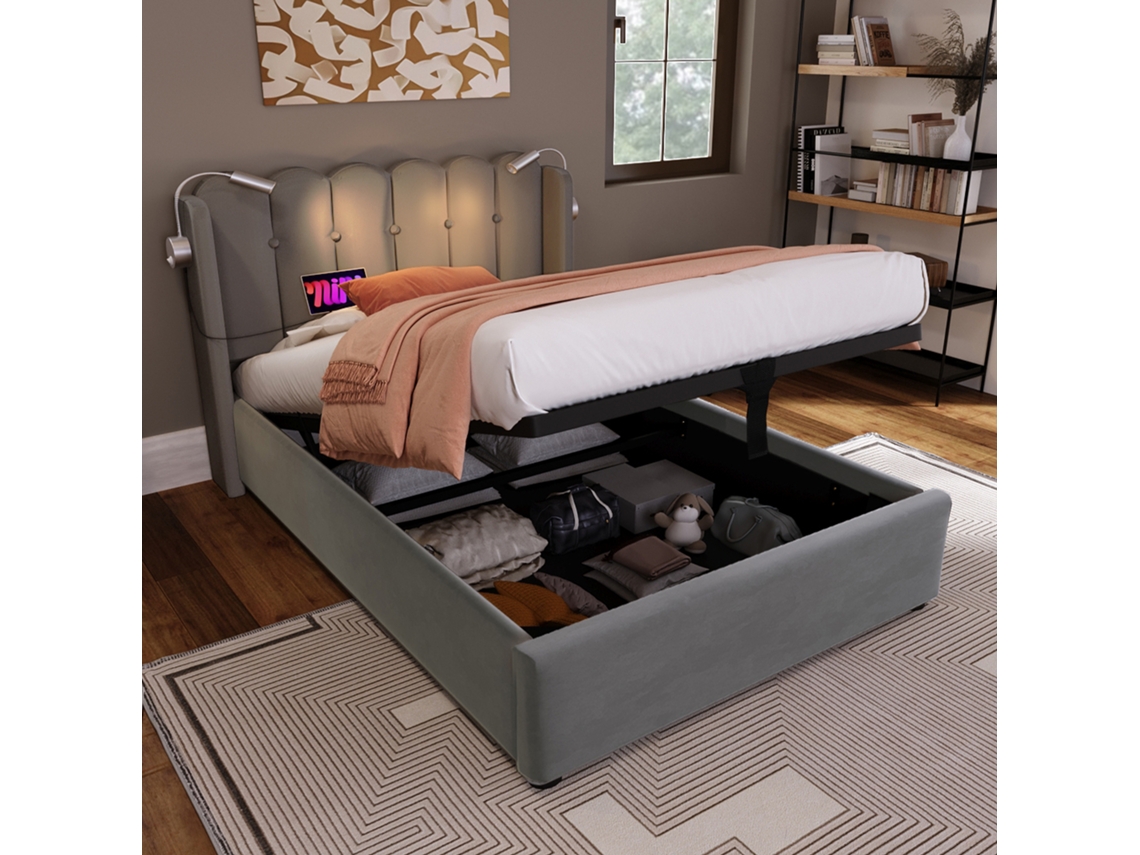 Cama Individual 90x200 Cm, Cabecero, Almacenamiento, Led, Usb, Cajones, Terciopelo Gris, Colchón No Incluido.