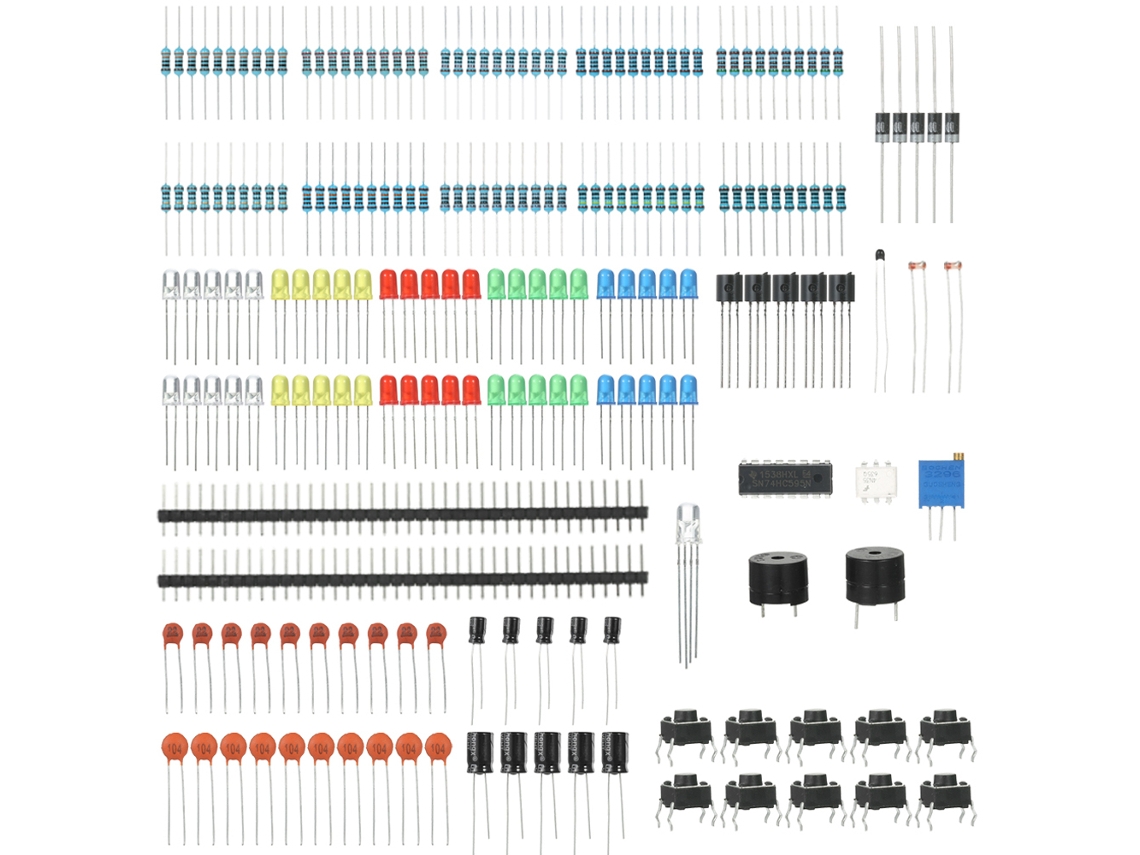 Kit Básico De Componentes Electrónicos Con Led, Potenciómetro, Zumbador, Condensador Y Resistencia.