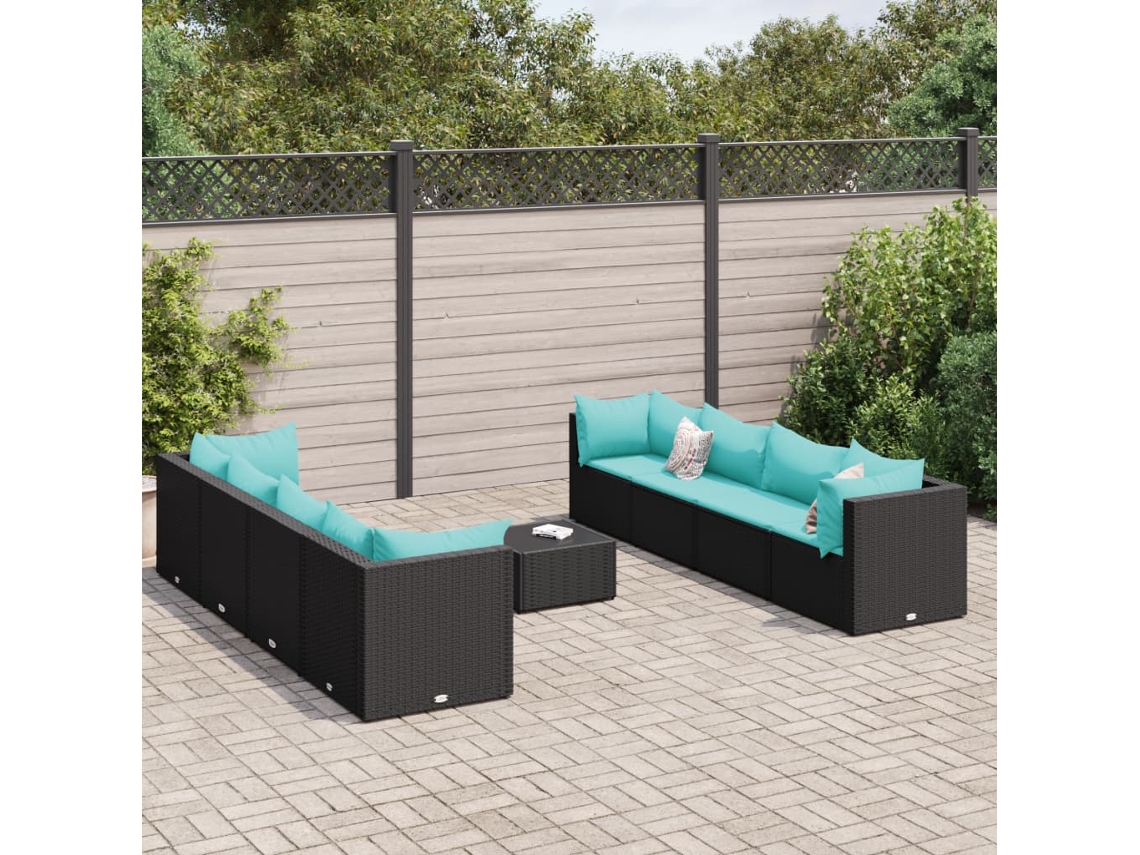 Conjunto de jardín de 9 piezas con cojines, mimbre sintético negro, DKD Home Decor