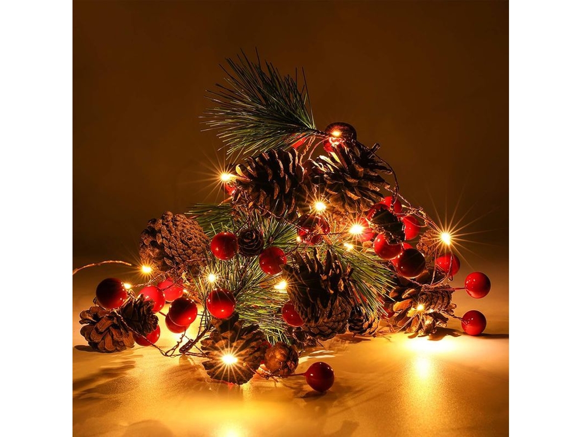 Corona Navideña Con Luces, 2 M, 20 Led A Pilas, Decoración De Piñas De Pino Rojo Cereza