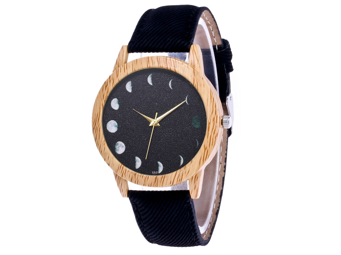 Reloj De Pulsera Unisex De Cuero Denim Con Patrón Lunar Negro Zhoulianfa