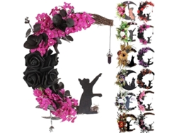 Corona De Luna De Halloween Con Gato Negro Para La Puerta Principal, Decoración Gótica De Bruja Con Rosa