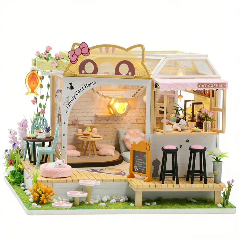 Casa De Muñecas "café De Gatos Acogedor" Para Armar: Modelo Miniatura De Madera 3d Con Luces Led.