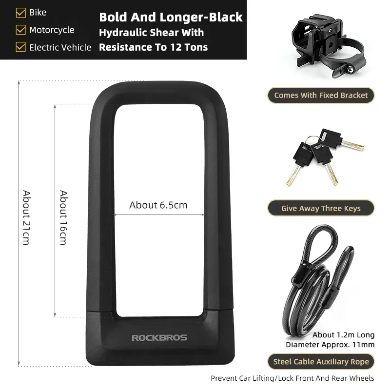 Candado para bicicleta MDUG, antirrobo hidráulico de silicona en forma de U, resistente al corte (negro con cable)