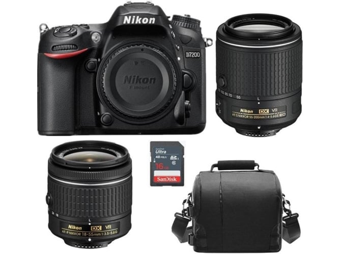 Kit Cámara Réflex NIKON D7200 + AF-P DX 18-55mm + AF-S DX 55-200MM + Bolsa + 16GB SD