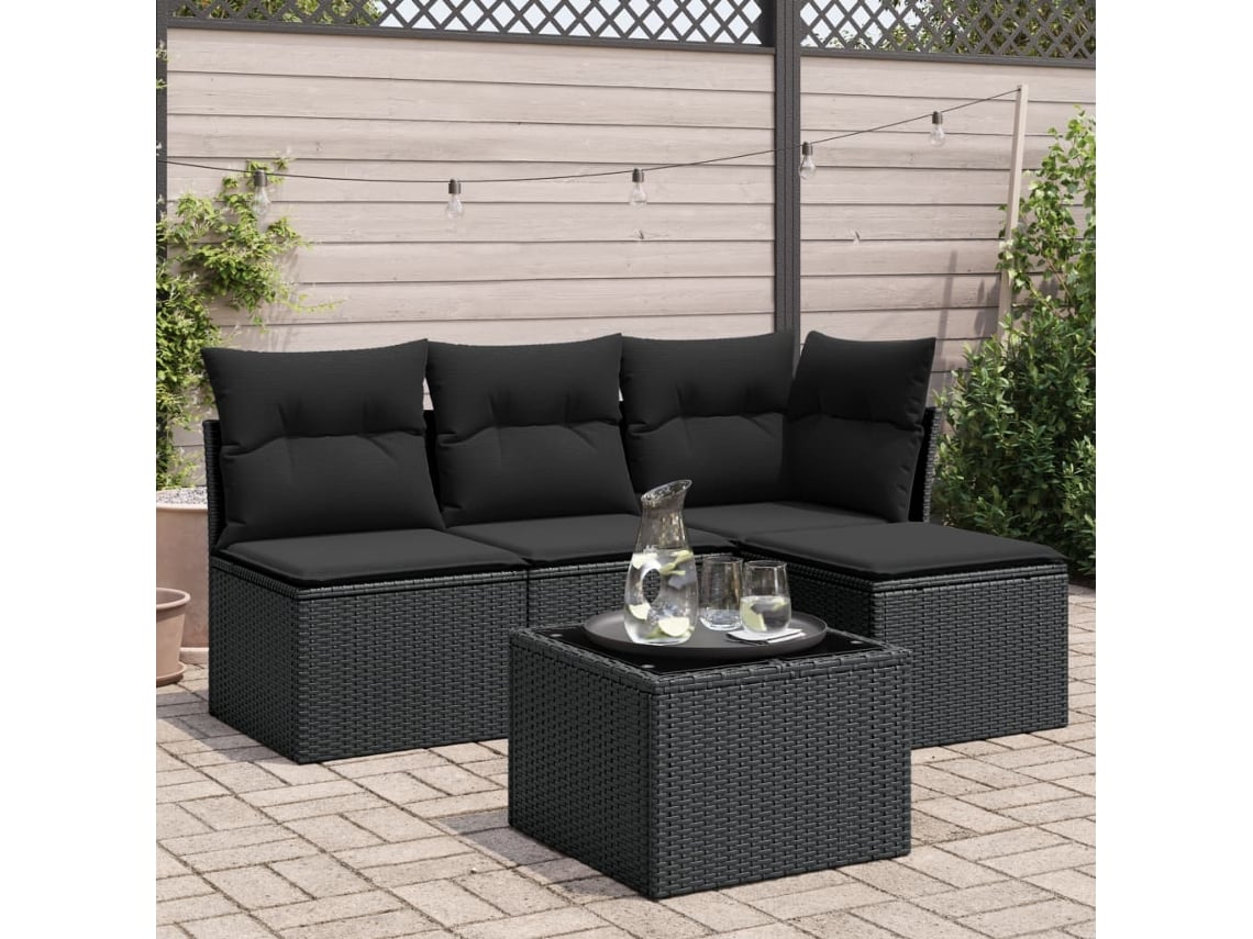 Conjunto de 5 sofás de jardín con cojines de mimbre sintético negro, Dkd Home Decor