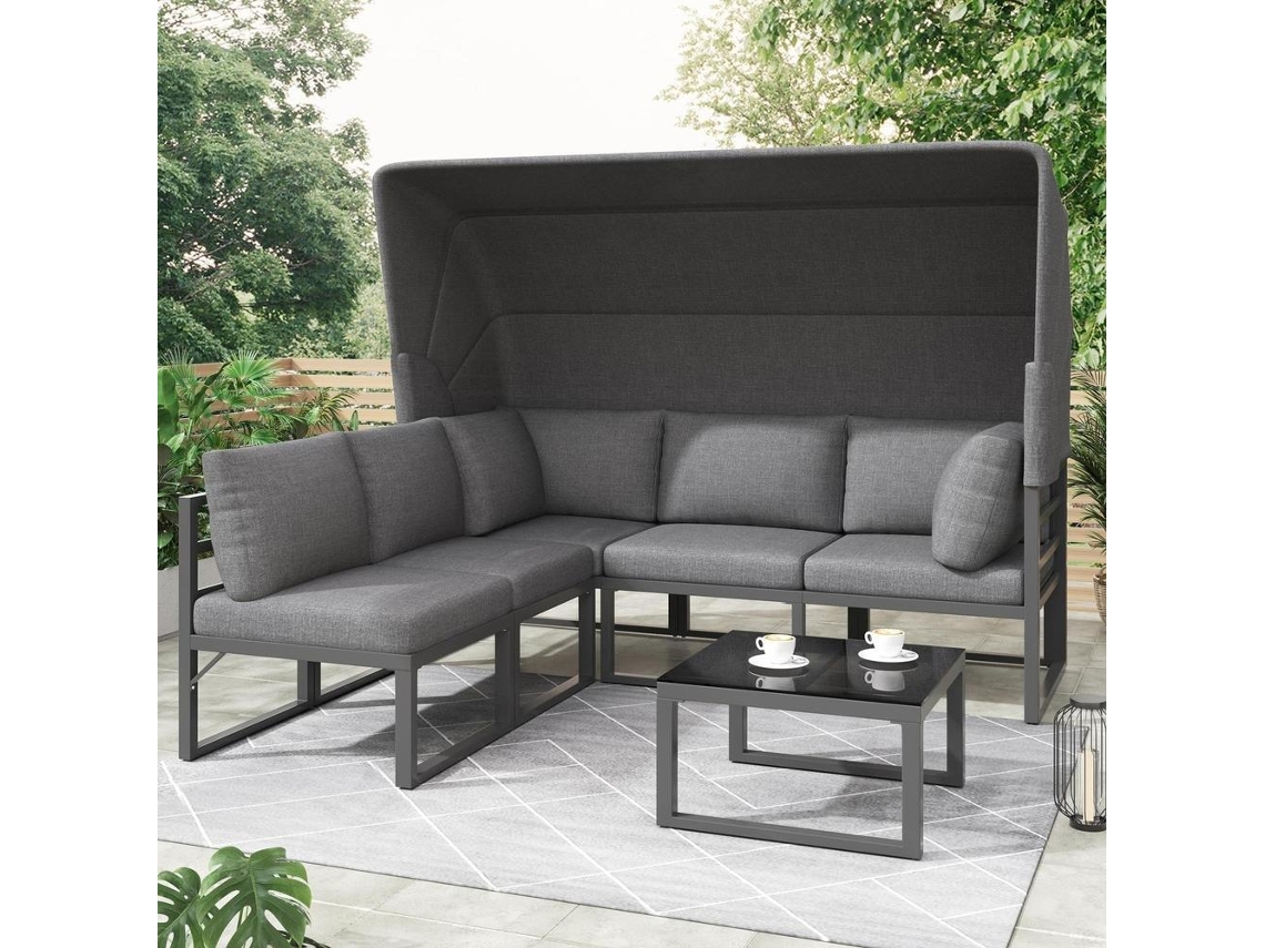 Juego De Jardín 4 Piezas Con Almacenamiento, Acero Galvanizado, Sofá 3 Plazas + 2 Sillones + Mesa Auxiliar, Incluye Cojines, Patas Ajustables, Gris