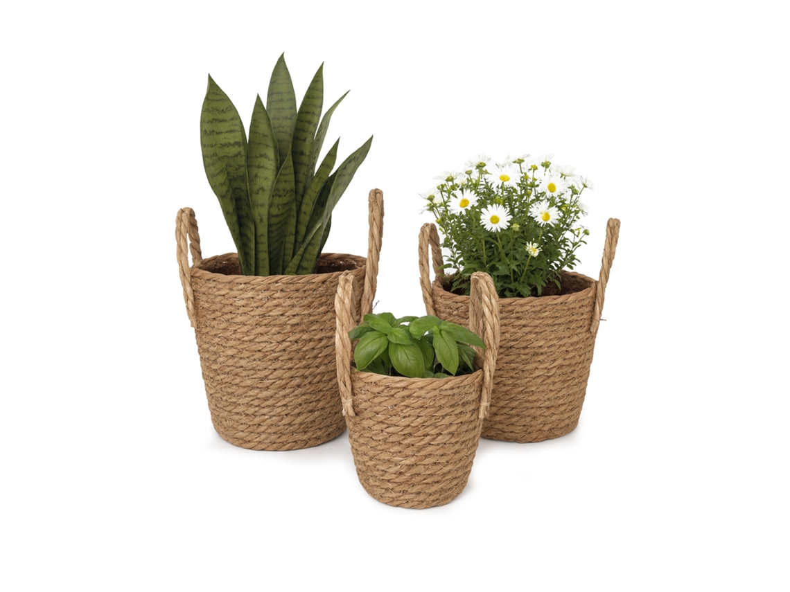 Relaxdays Maceta, Juego De 3, Caña, Macetas Con Forro Y Asas, 3 Tamaños, Estilo Boho, Maceteros Redondos, Natural