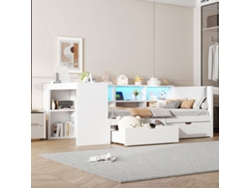 Cama Con Plataforma De 90x200, De Madera, Con Estantes, Cajones, Iluminación Led Y Cabecero Blanco.
