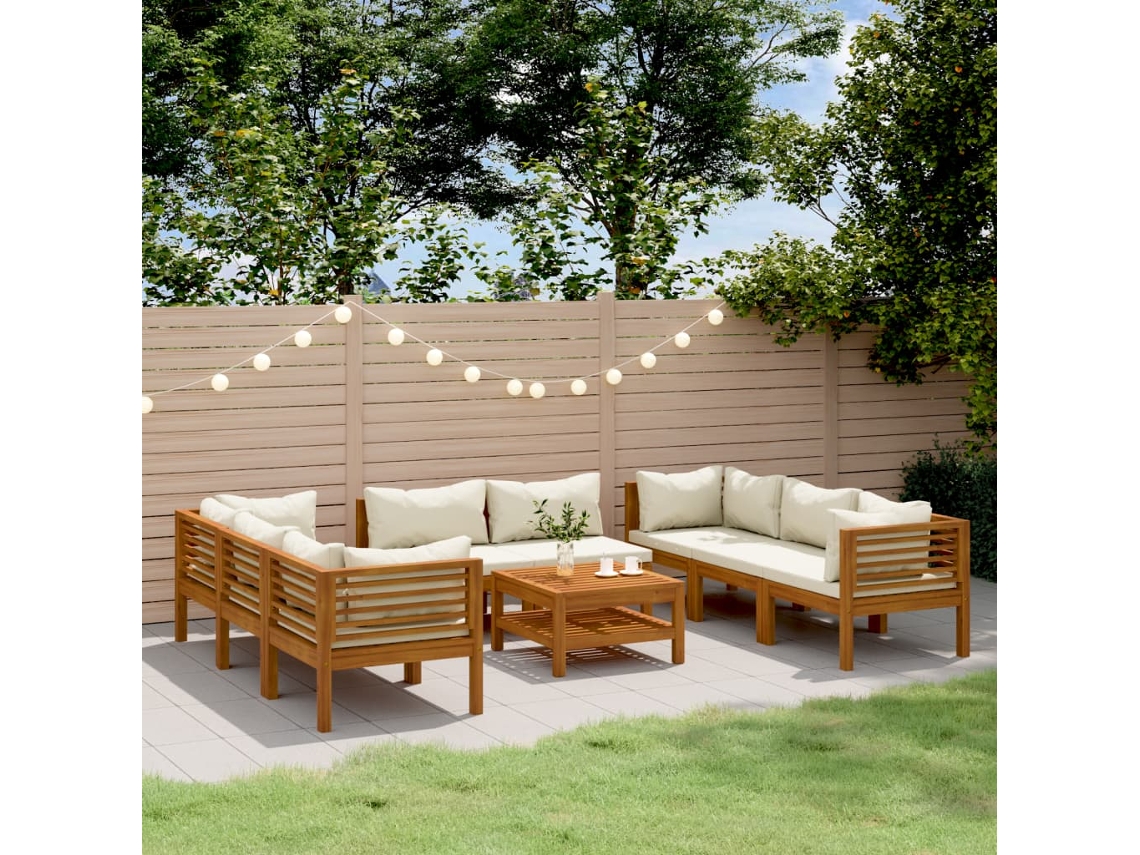 Conjunto de jardín de 9 piezas con cojines color crema en madera maciza de acacia DKD Home Decor