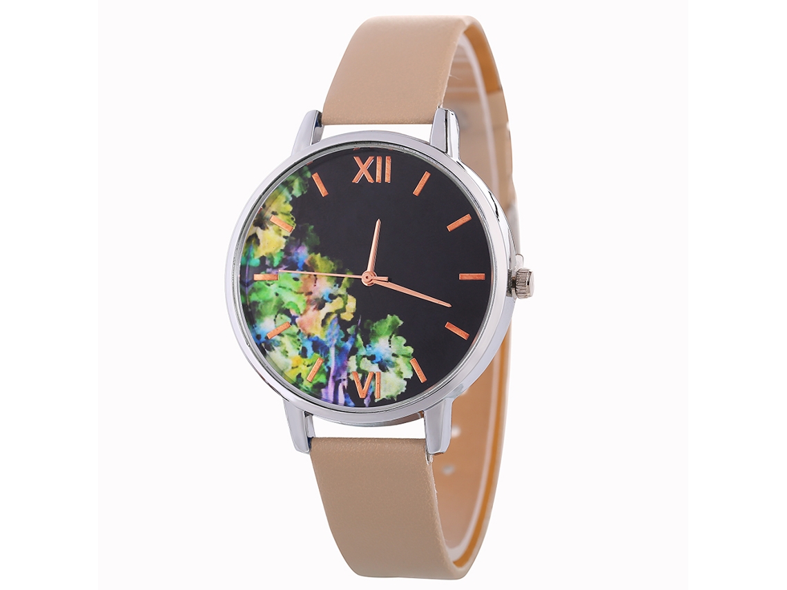 Reloj De Pulsera Analógico De Cuarzo Redondo Para Mujer Con Correa De Cuero Beige - Estilo De Moda