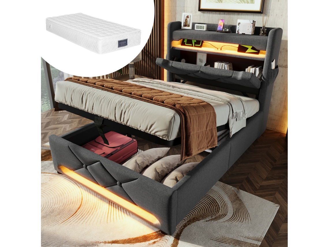 Cama Infantil Gris De 90x200 Cm Con Led, 360°, Usb-c E Hidráulica.