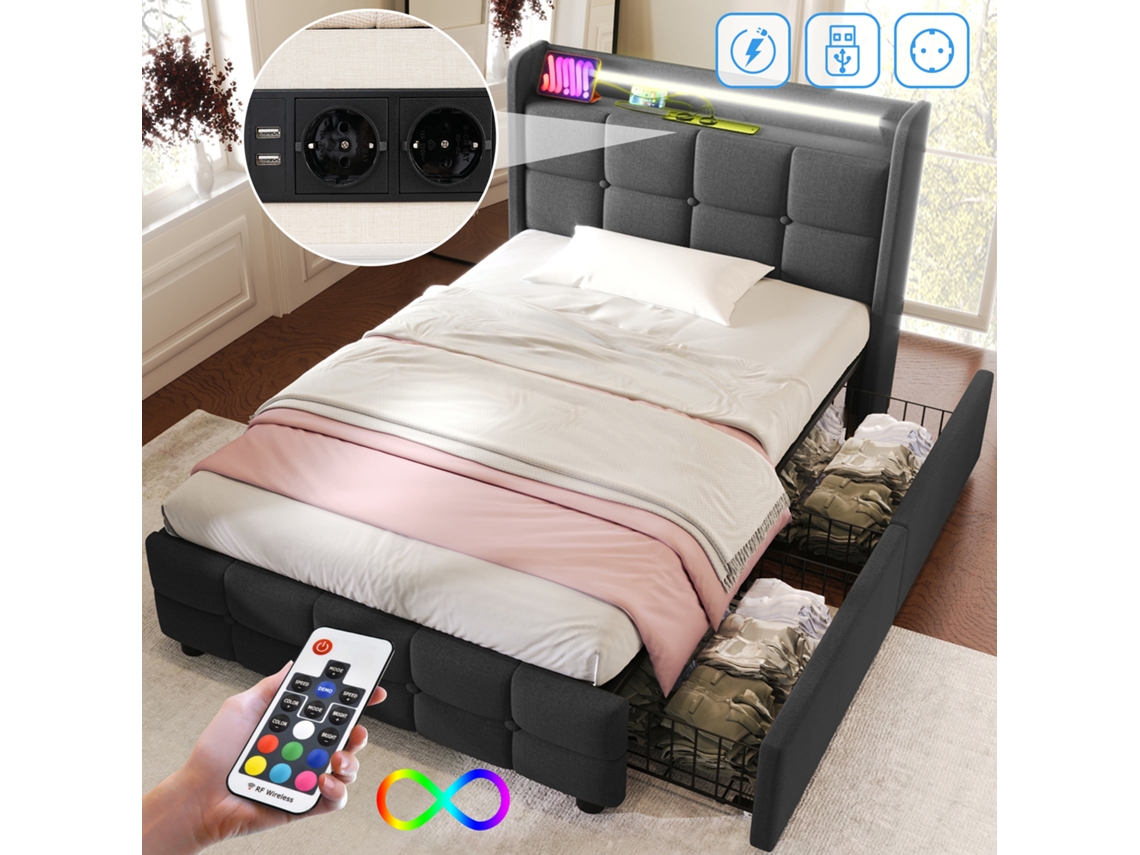 Cama Gris (90x200 Cm) Con Iluminación Led, Puerto Usb Y Cajones.