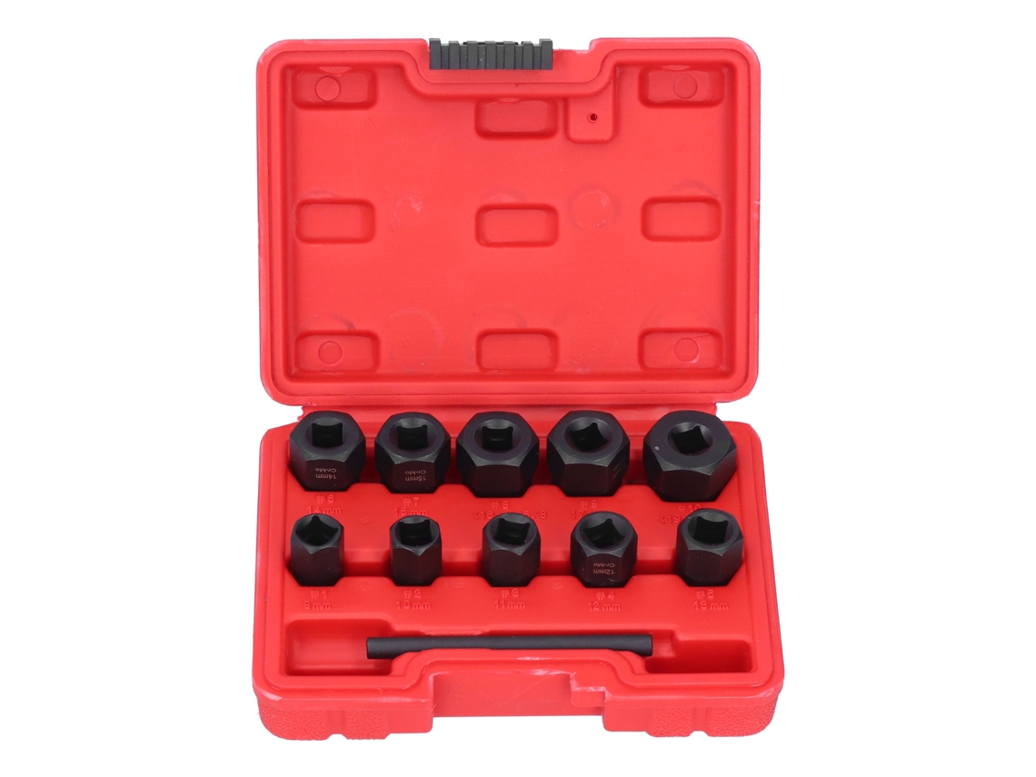 Juego De Herramientas De 11 Piezas Para Extraer Tornillos, Tuercas Y Pernos Rotos, Con Llave De Vaso Y Estuche Rojo.