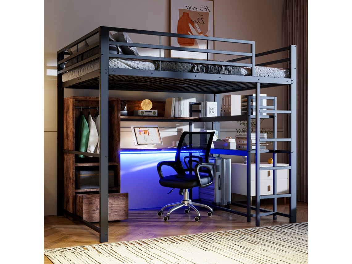 Cama Alta De 140x200 Cm, De Metal, Con Iluminación Led, Cajones Y Espacio De Almacenamiento, Color Negro. Colchón No Incluido.
