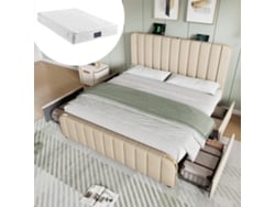 Cama De Lino Beige De 140x200 Cm Con Cabecero Dorado, 4 Cajones, Puerto Usb-c, Estructura Robusta, Somier De Láminas Con Colchón.