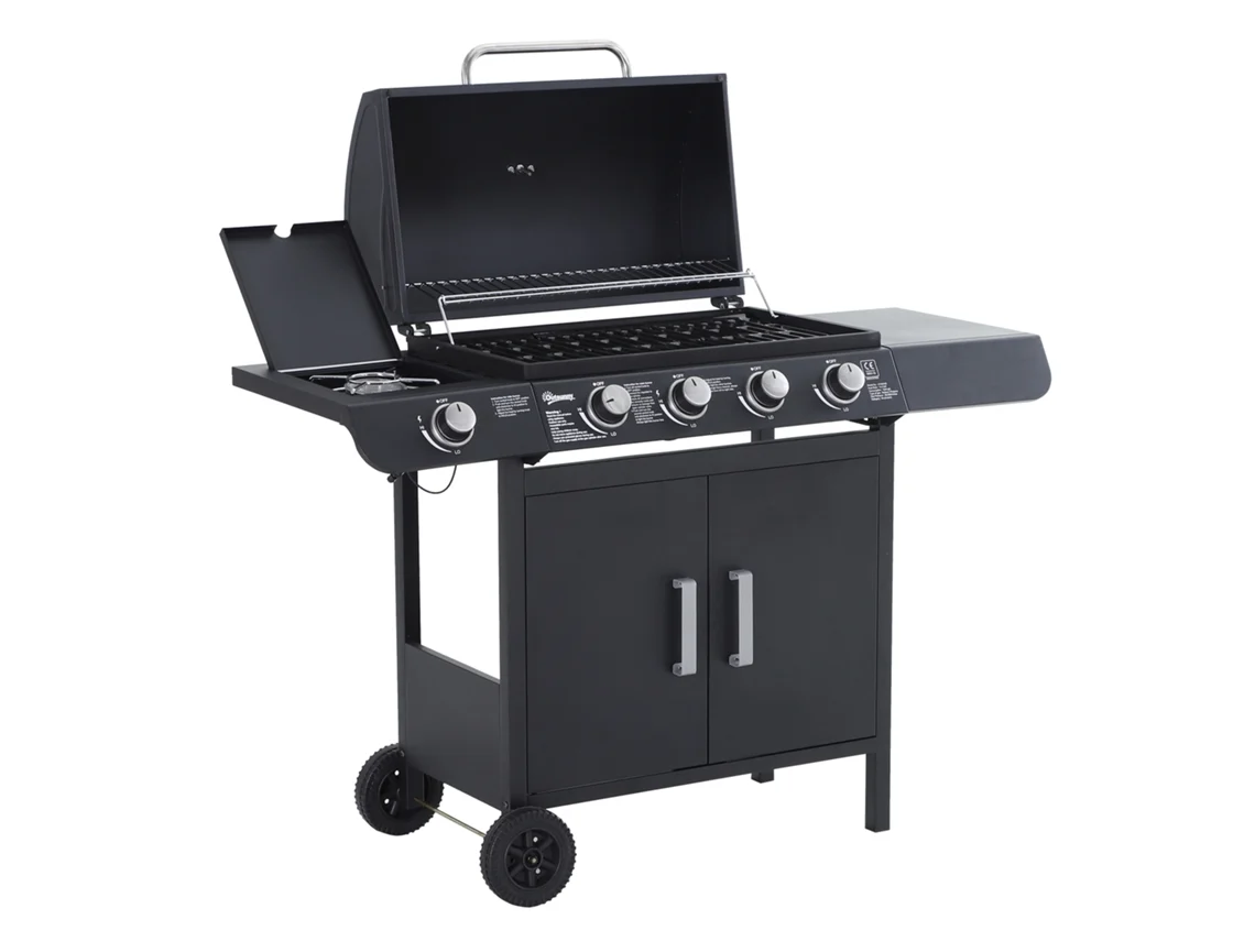 Churrasqueira Gás 4+1 Queimadores 14,4kw Mesas Laterais Armário Inox 125x51x100cm Preta