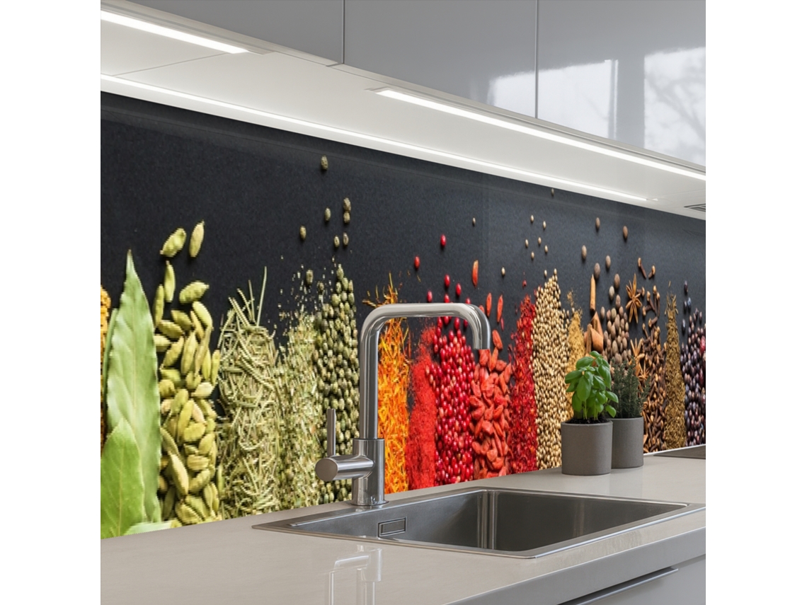 Paneles para salpicadero de cocina con diseño de especias, hierbas aromáticas y trabajos - Arcoíris 400x60 cm