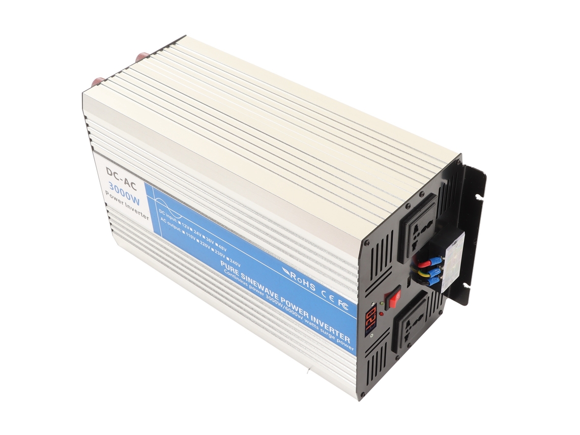 Inversor de onda sinusoidal pura de 3000 W con entrada de 12 V CC y salida de 220 V CA, enchufes, puertos USB y ventilador de refrigeración.