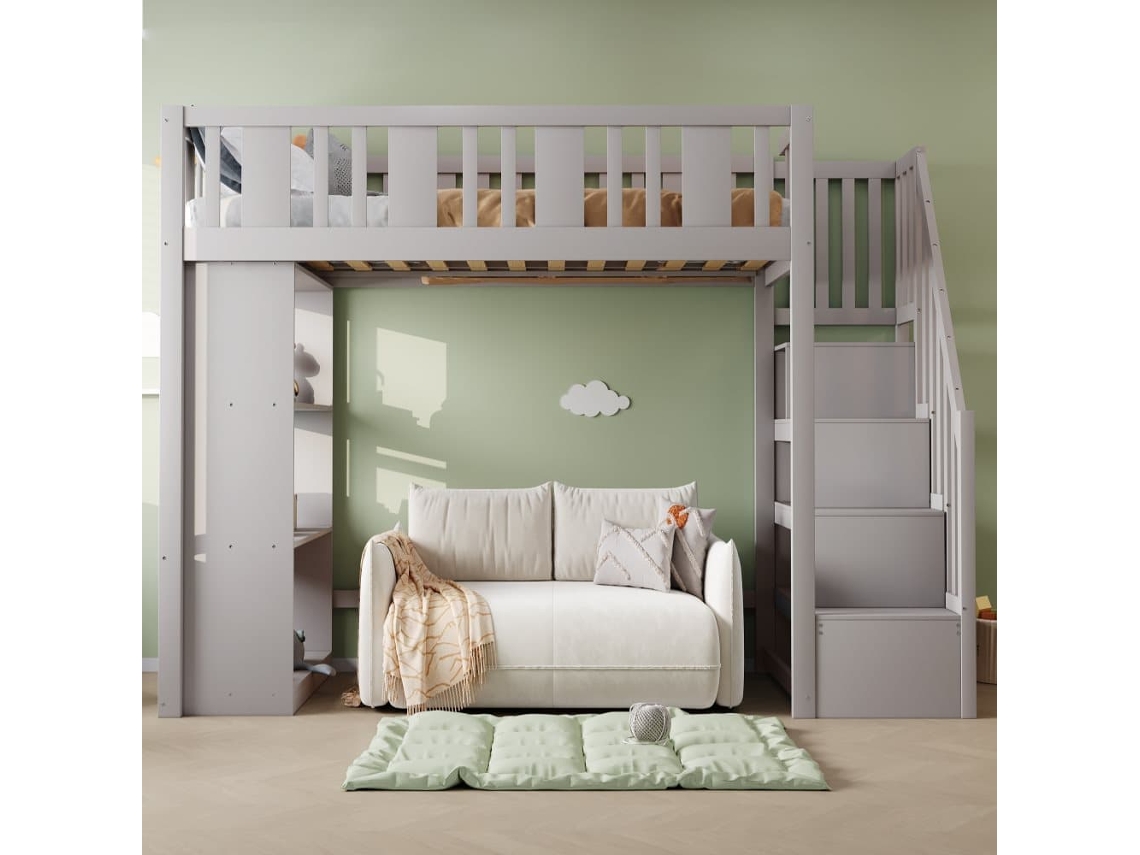 Cama Alta 90x200 Cm - Escalera Almacenamiento, Múltiples Compartimentos, Madera - Gris