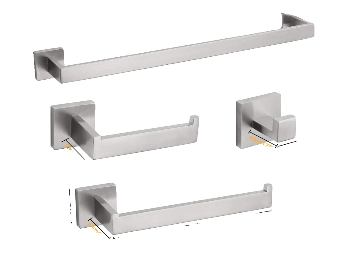 Juego de accesorios de baño, soportes de pared, construcción de metal duradero, acabado cepillado.