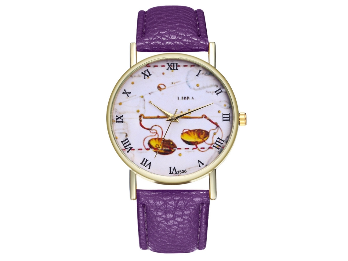 Reloj De Pulsera De Cuarzo Unisex Con Correa De Cuero Pu Patrón Libra Morado Zhoulianfa