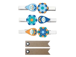 Mini pinzas de madera - Flores 20 etiquetas kraft Banderín
