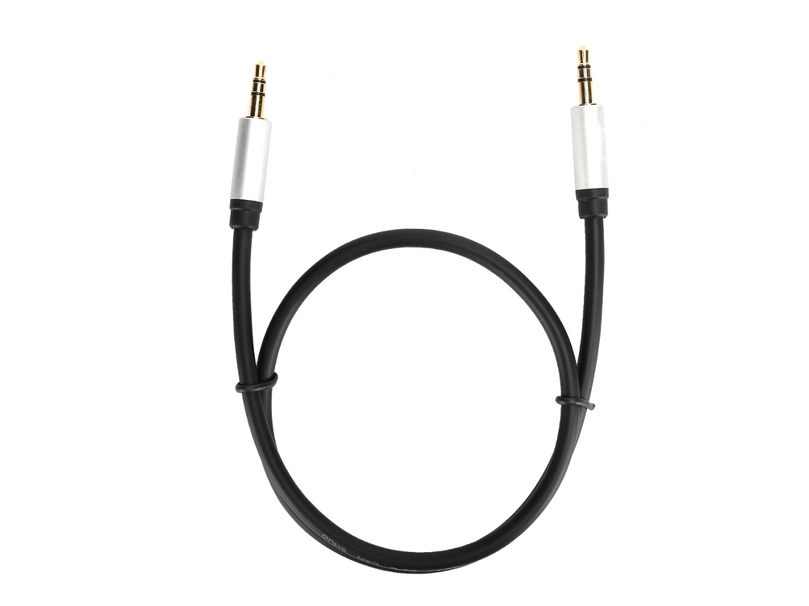 Cable de audio estéreo con conector macho de 3,5 mm para transmisión de señal y compatibilidad con dispositivos móviles.