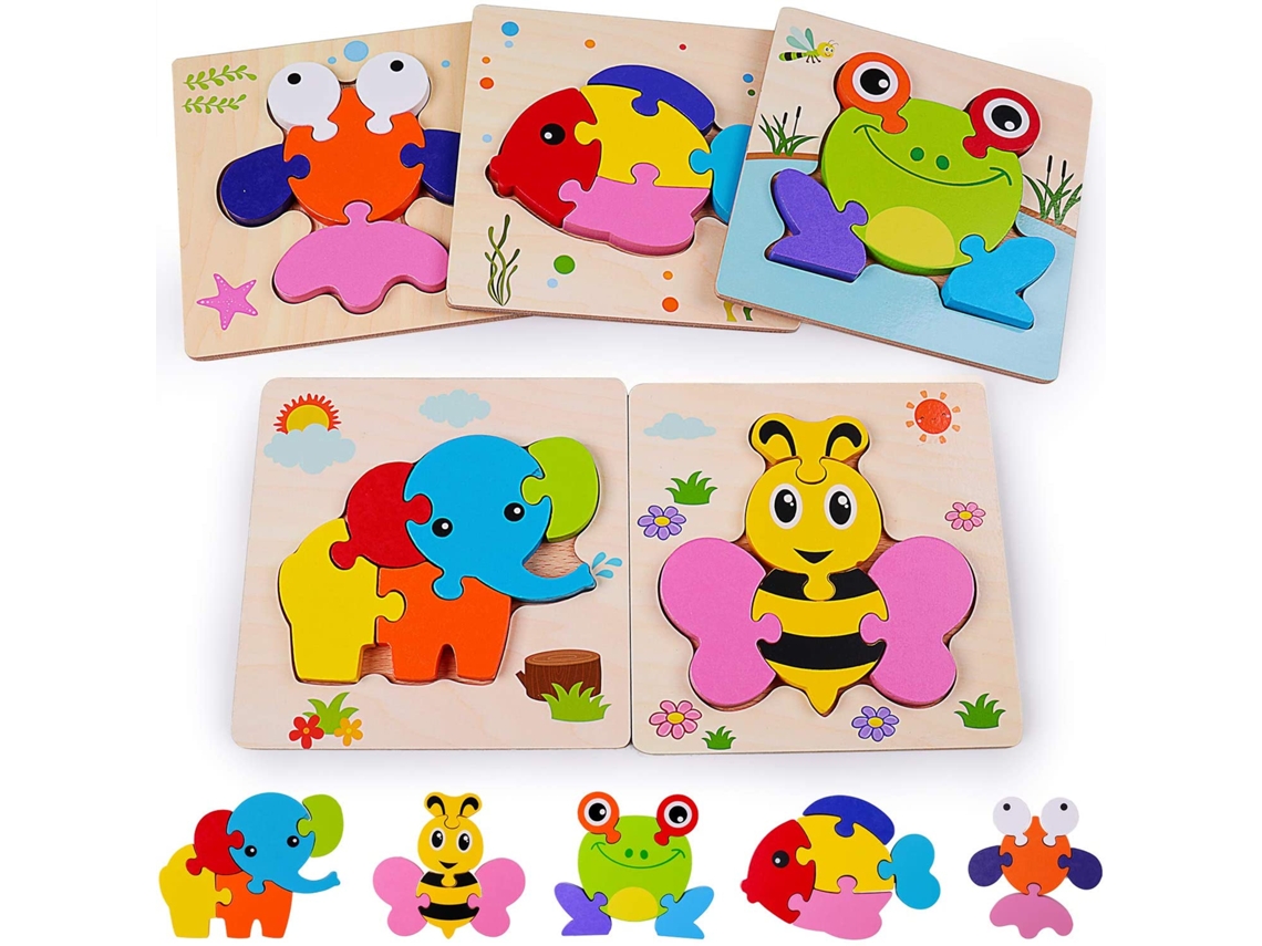 JILLIOPER Puzzle de Madera 3D para Niños, Juguete Montessori Educativo, Regalo Educativo para Niños 3 4 5 Años, Navidad Cumpleaños [5 Piezas]