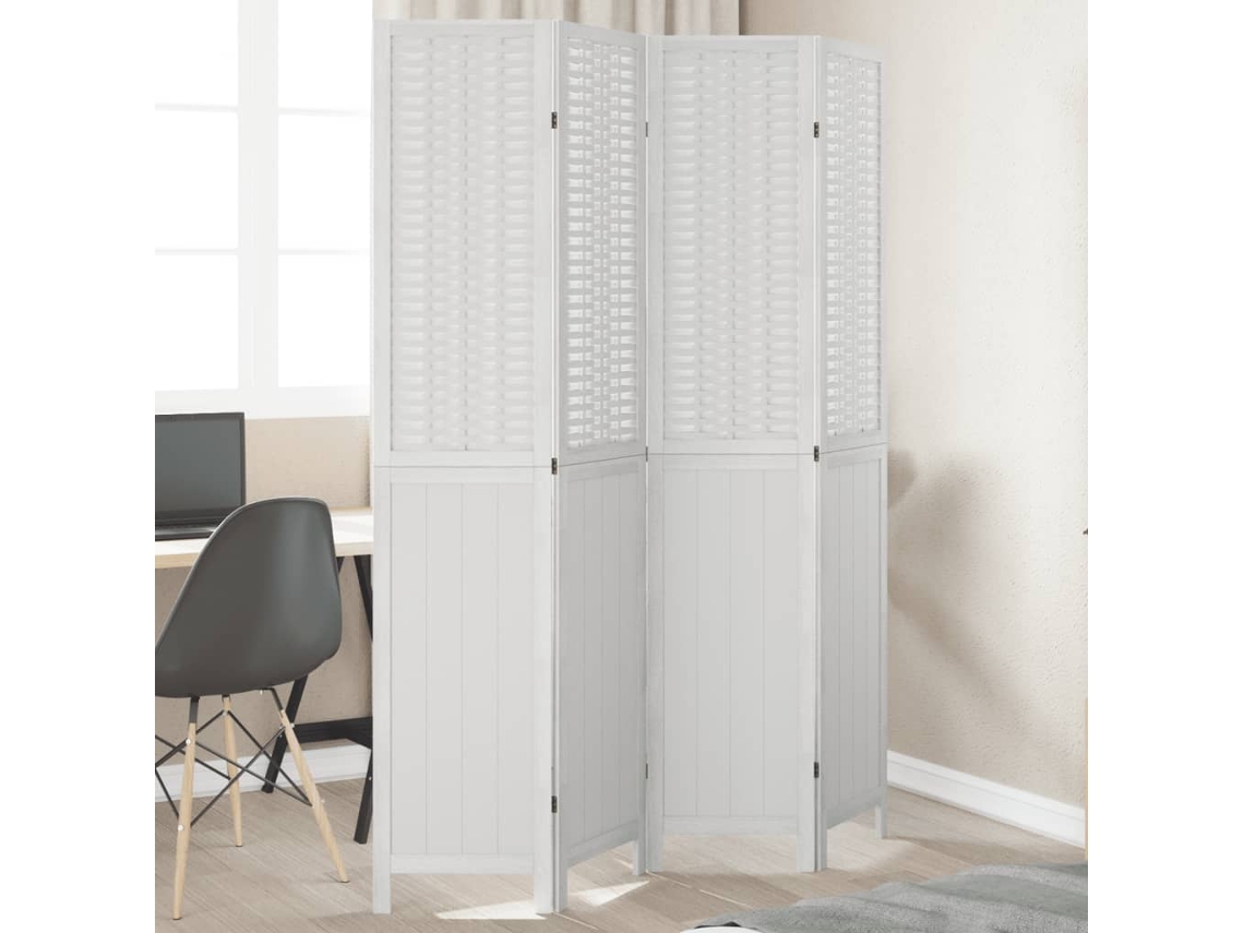 Biombo Separador De 4 Paneles Madera Maciza Paulownia Blanco