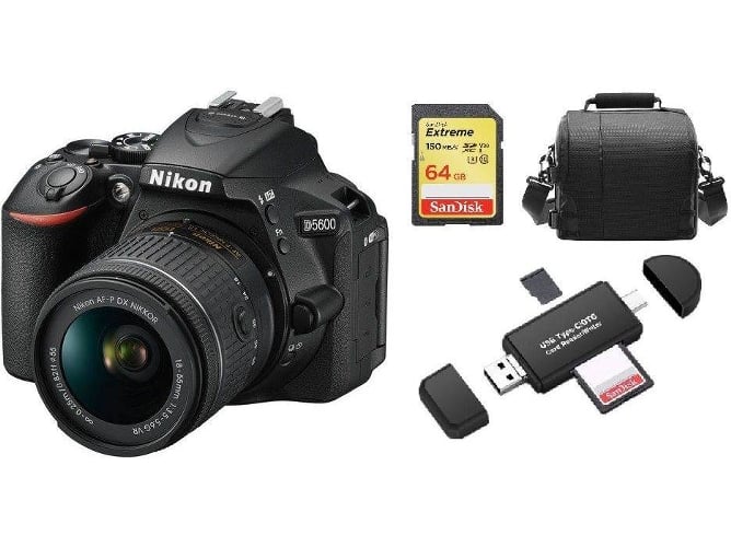 Kit Cámara Réflex NIKON D5600 AF-P 18-55MM F3.5-5.6G VR + 64GB SD + Bolsa + Lector de Tarjetas