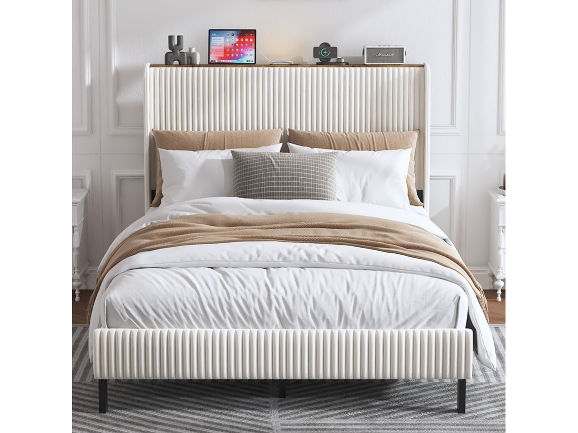Cama De 140x200 Cm Con Estructura Metálica, Cabecero De Tela Y Diseño Moderno. Colchón No Incluido.