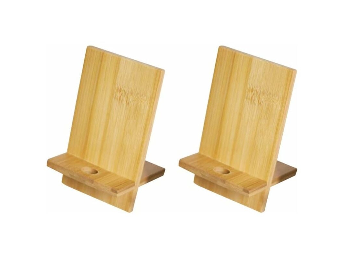 Soporte de madera para teléfono móvil con orificio para cable de bambú