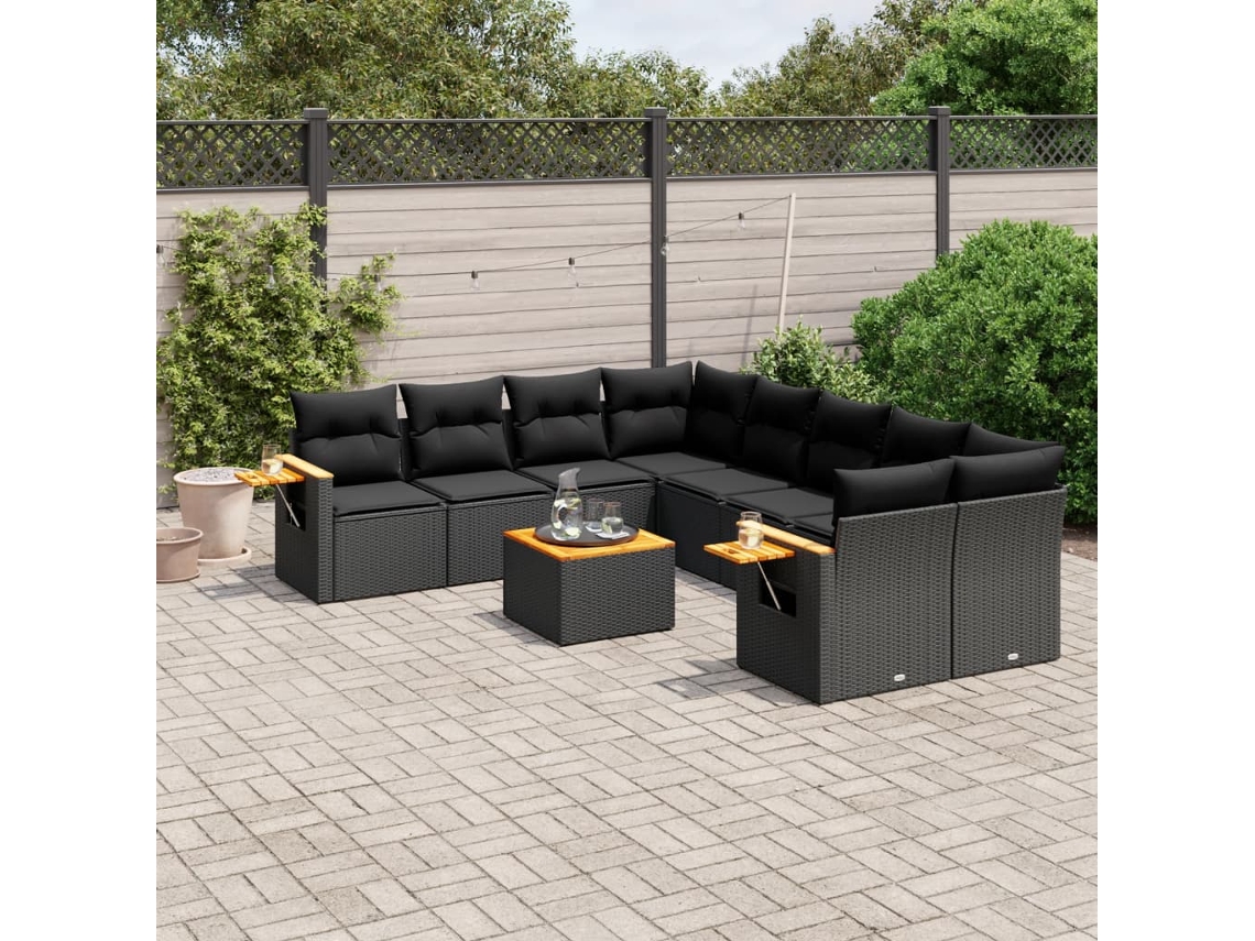 Conjunto de sofá de jardín de 9 piezas con cojines, ratán negro, Dkd Home Decor