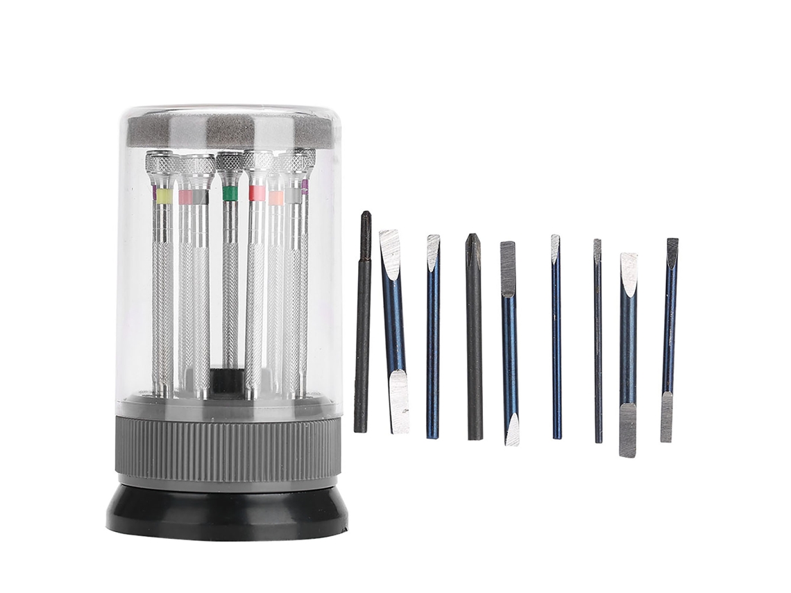 Kit Portátil De Reparación De Relojes Con 9 Tornillos, Base Giratoria Y Cuchillas De Repuesto.