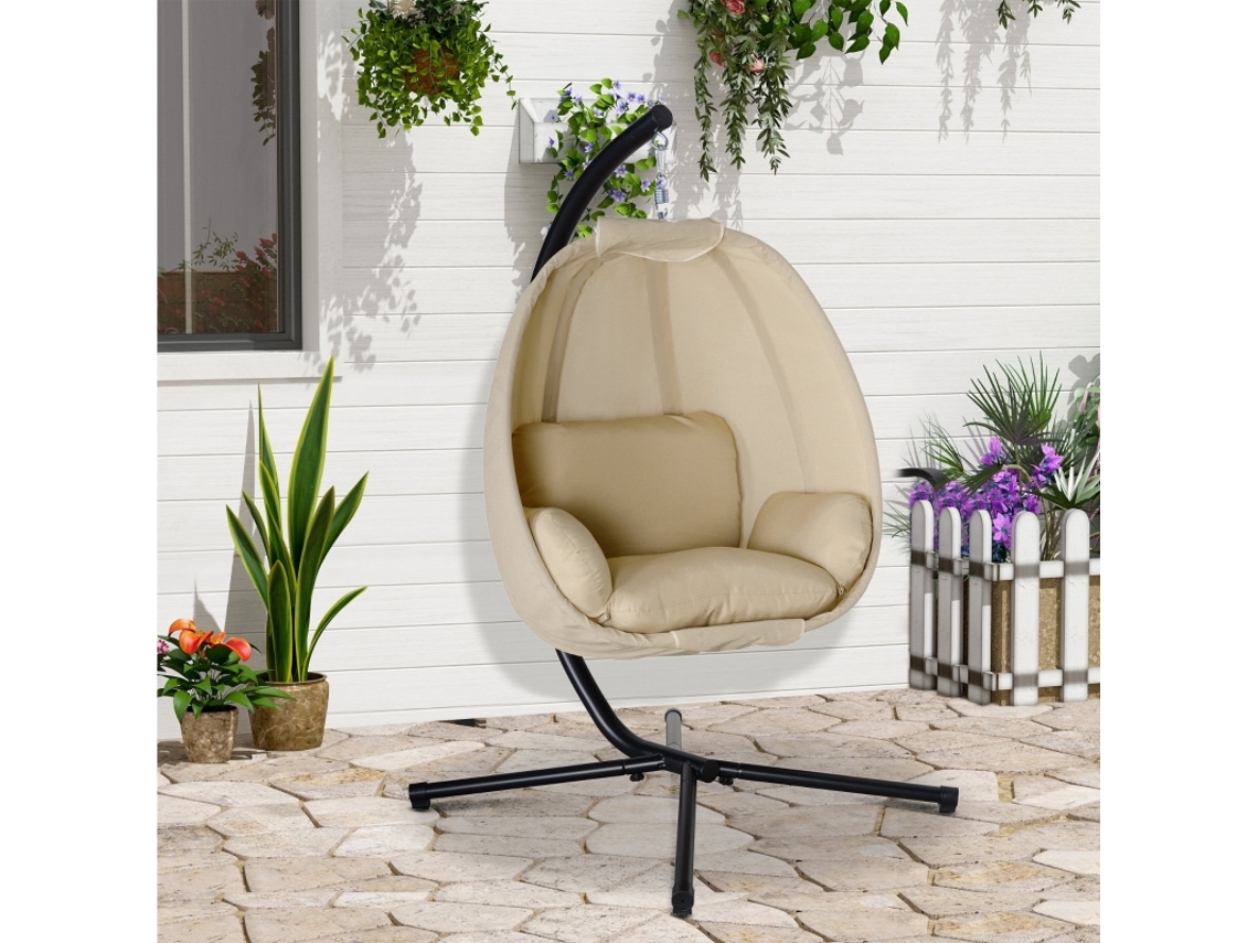 Silla colgante con forma de huevo y cojín mullido, silla de jardín para uso interior y exterior, 125 x 95 x 170 cm, color beige.