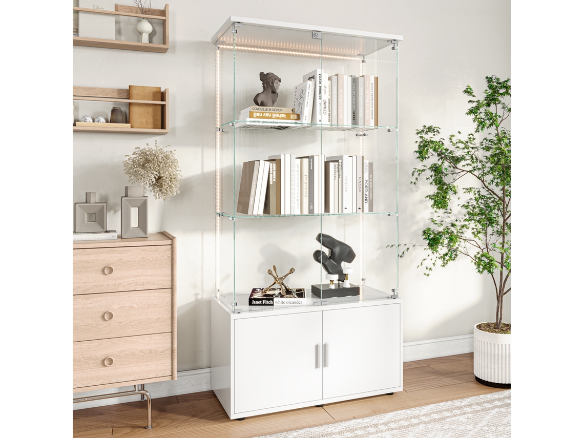 Vitrina De Cristal Con Tira De Luz Led, Cerradura Y Cristal Templado, Vitrina De 3 Niveles Para Salón O Dormitorio, 78x35x164cm, Blanca