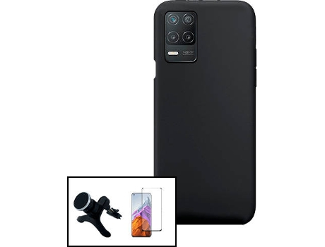 Carcasa + Protector Cristal Templado + Soporte Realme 8 5G PHONECARE Silicona Líquida Negro