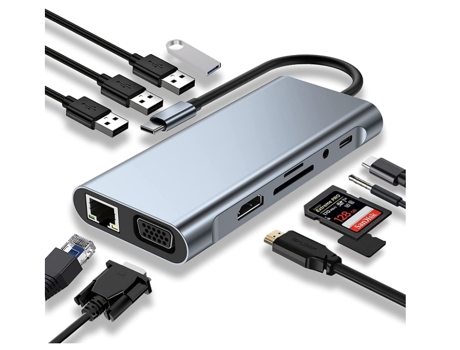 BISBISOUS Hub Usb C con Puerto 4K-Hdmi Vga Usb 3.0 Pd Tipo C Ethernet Rj45 3 5 Mm Aux Lector De Tarjetas Sd/Tf Negro