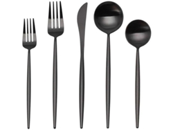 Juego de cubiertos Rebe de 5 piezas en acero inoxidable satinado, diseño elegante, para uso doméstico y en restaurantes, color negro.