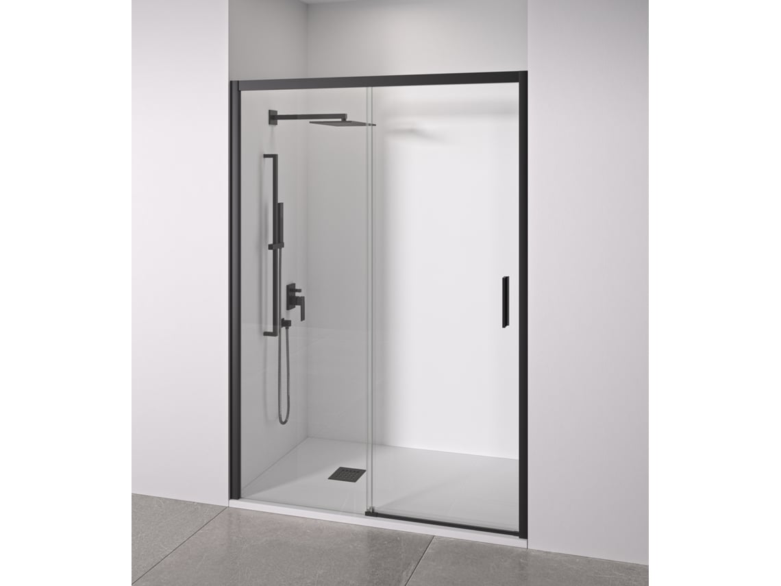 Puerta de ducha corredera, frontal corredera, fija, cristal antical de 6 mm, perfiles negro mate, ancho de 95 a 100 cm, puerta derecha, Bellobath