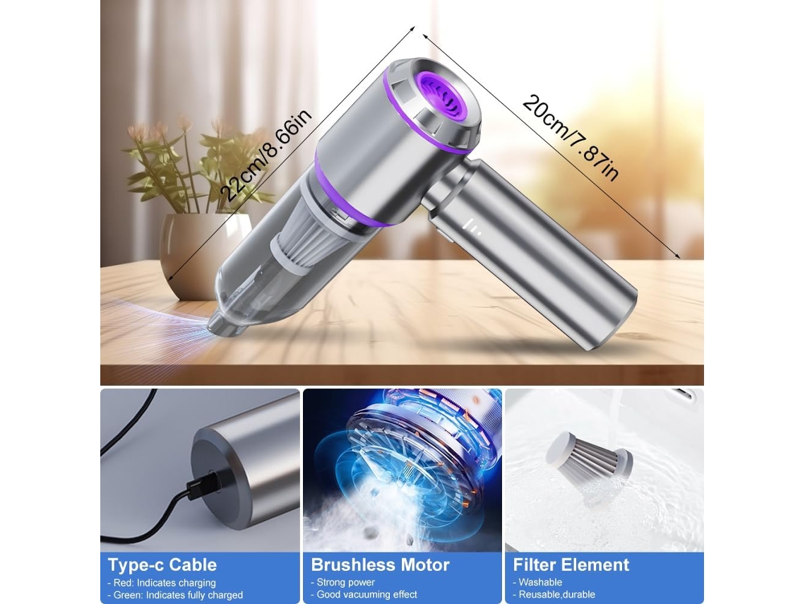 Aspirador portátil de alta potencia 100W para coche, fuerte succión 16000Pa, apto para oficina/coche, morado GERTIZ