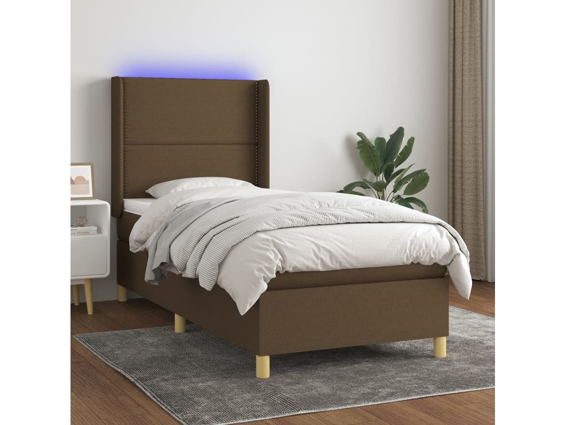 Cama Box Spring Colchón Luces Led Tela Marrón Oscuro 100x200cm