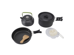 Juego de cocina portátil para acampar con olla, sartén, tetera, cuencos, cuchara y espátula para senderismo, picnics y barbacoas.