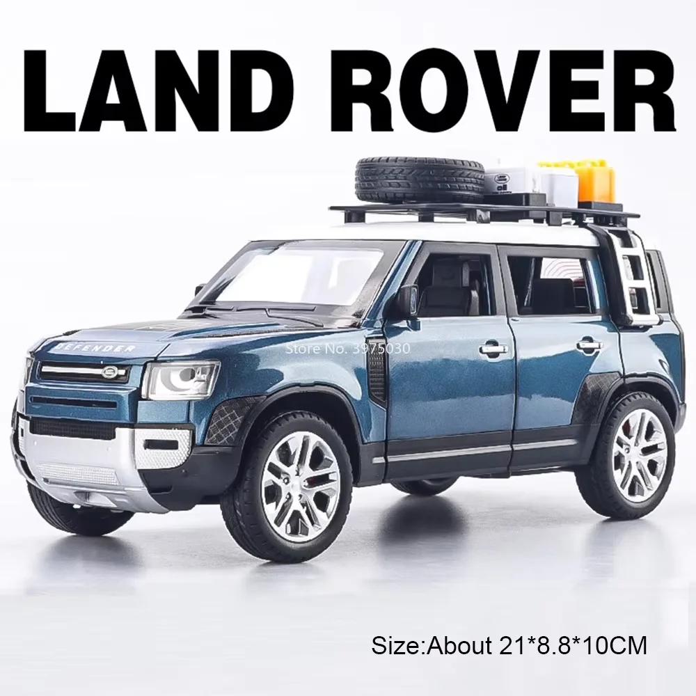 (Blue Defender) Coche miniatura a escala 1:24 con puertas que se abren y efectos de sonido y luz.