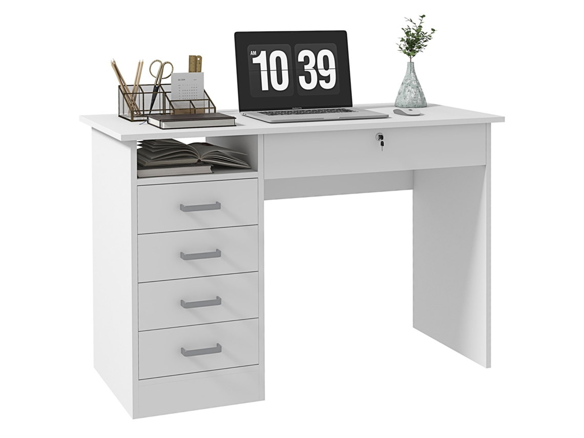 Escritorio Moderno Con 5 Cajones, Amplia Superficie, 1 Compartimento Abierto, Cajón Con Cerradura, 110 X 50 X 76 Cm, Blanco.